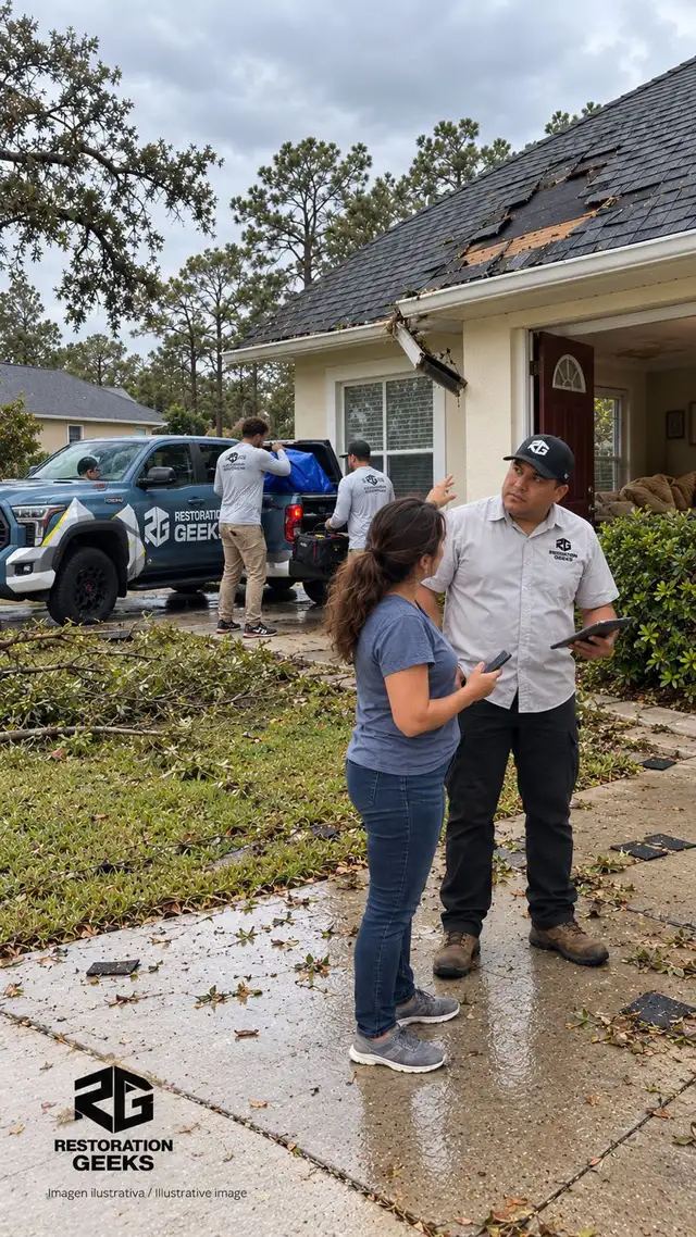 Restoration Geeks team talking with a homeowner in front of a storm-damaged house