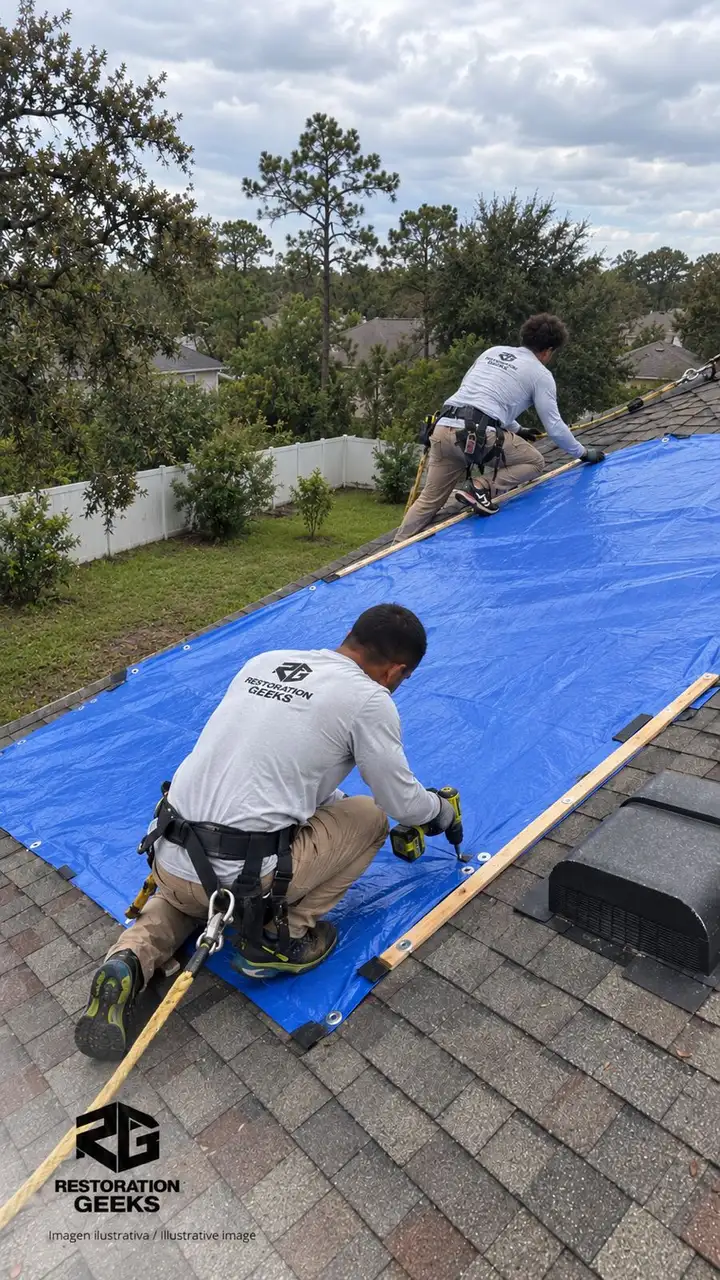Two Restoration Geeks technicians installing a blue tarp on a shingle roof